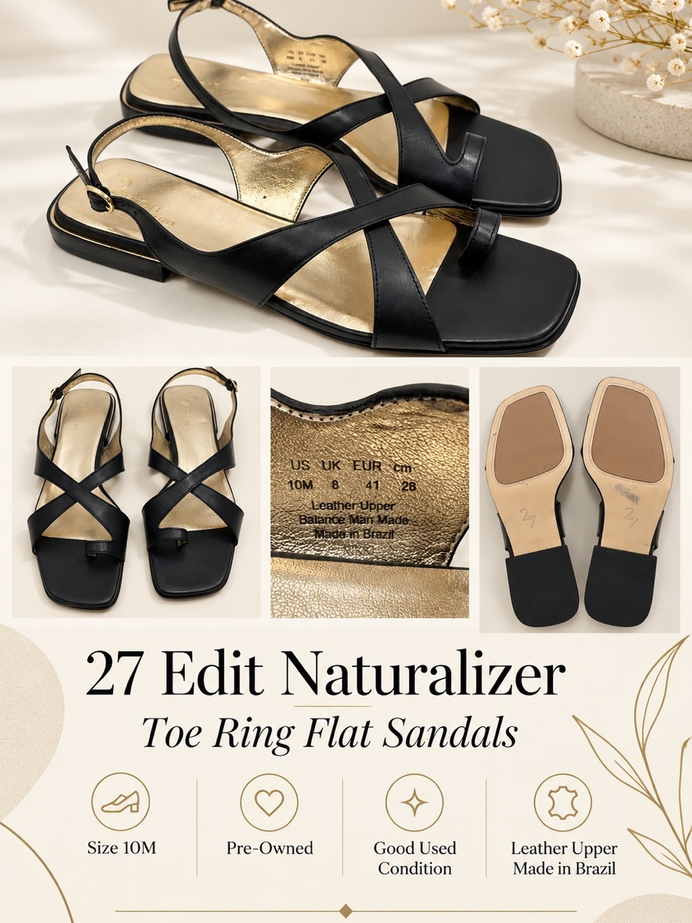Naturalizer Black and Gold Cross-Strap Toe-Ring Slingback Sandals size 10